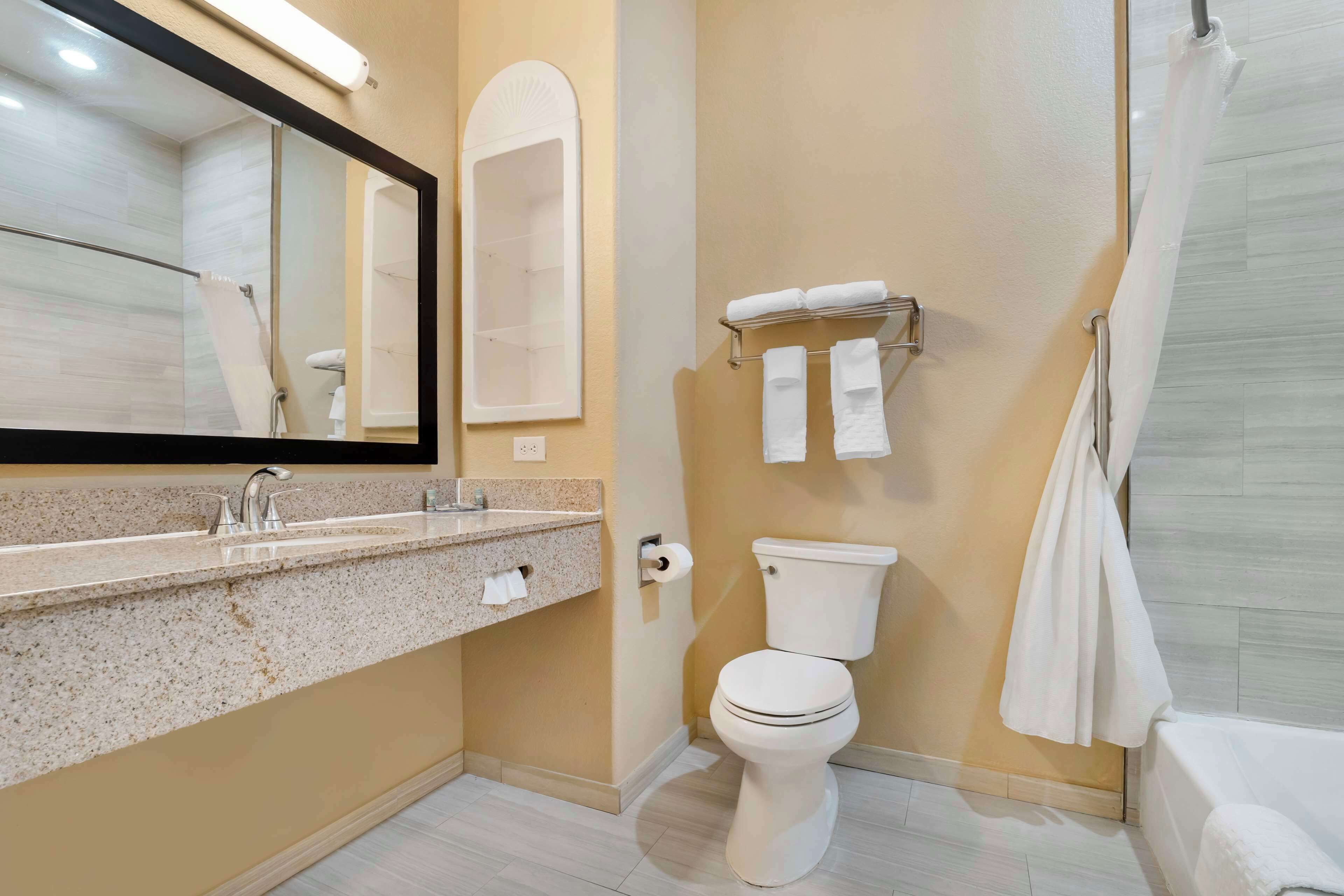 standard room, 1 king bed, non smoking, refrigerator & microwave | bathroom | free toiletries, hair dryer, towels, toilet paper