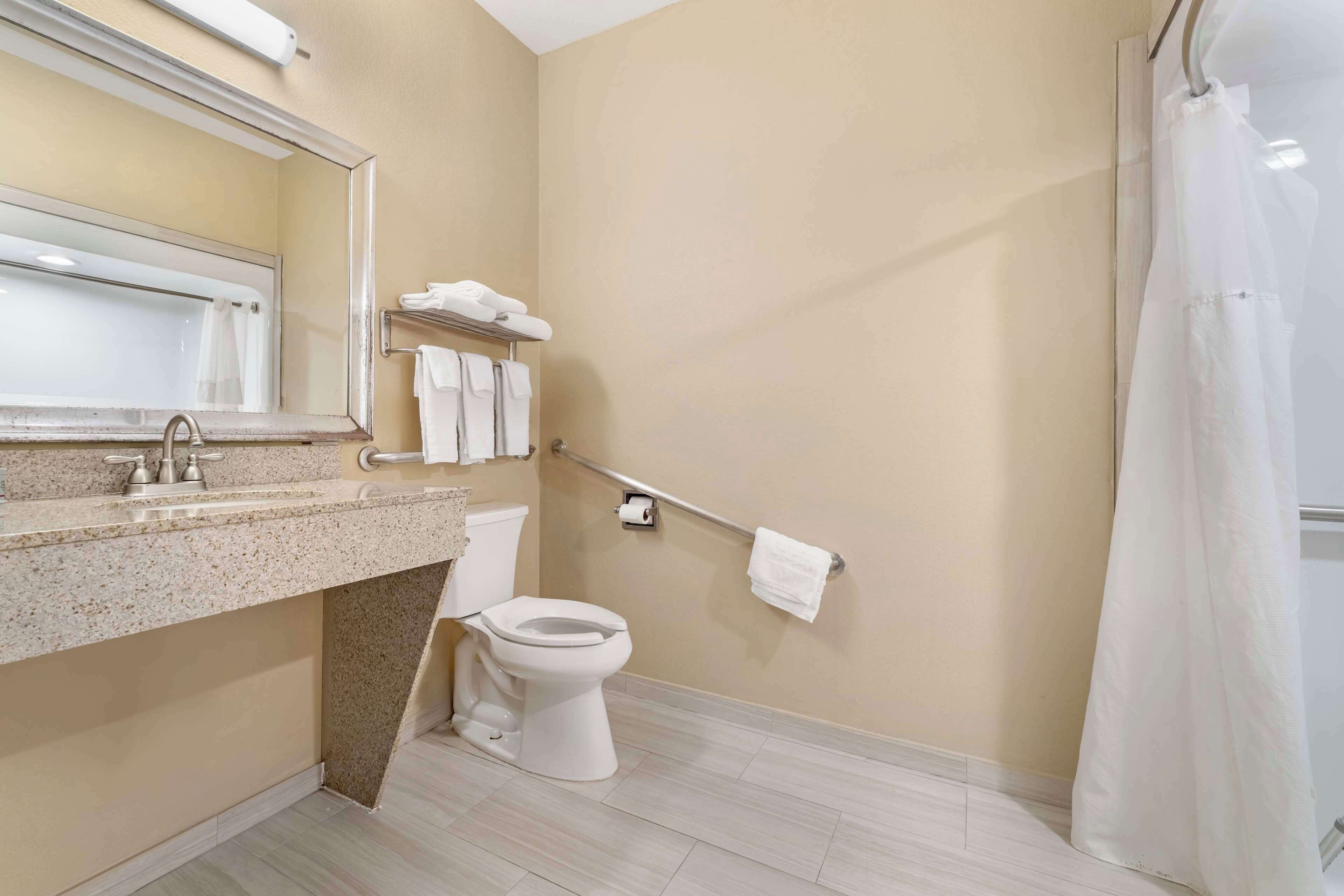 free toiletries, hair dryer, towels, toilet paper