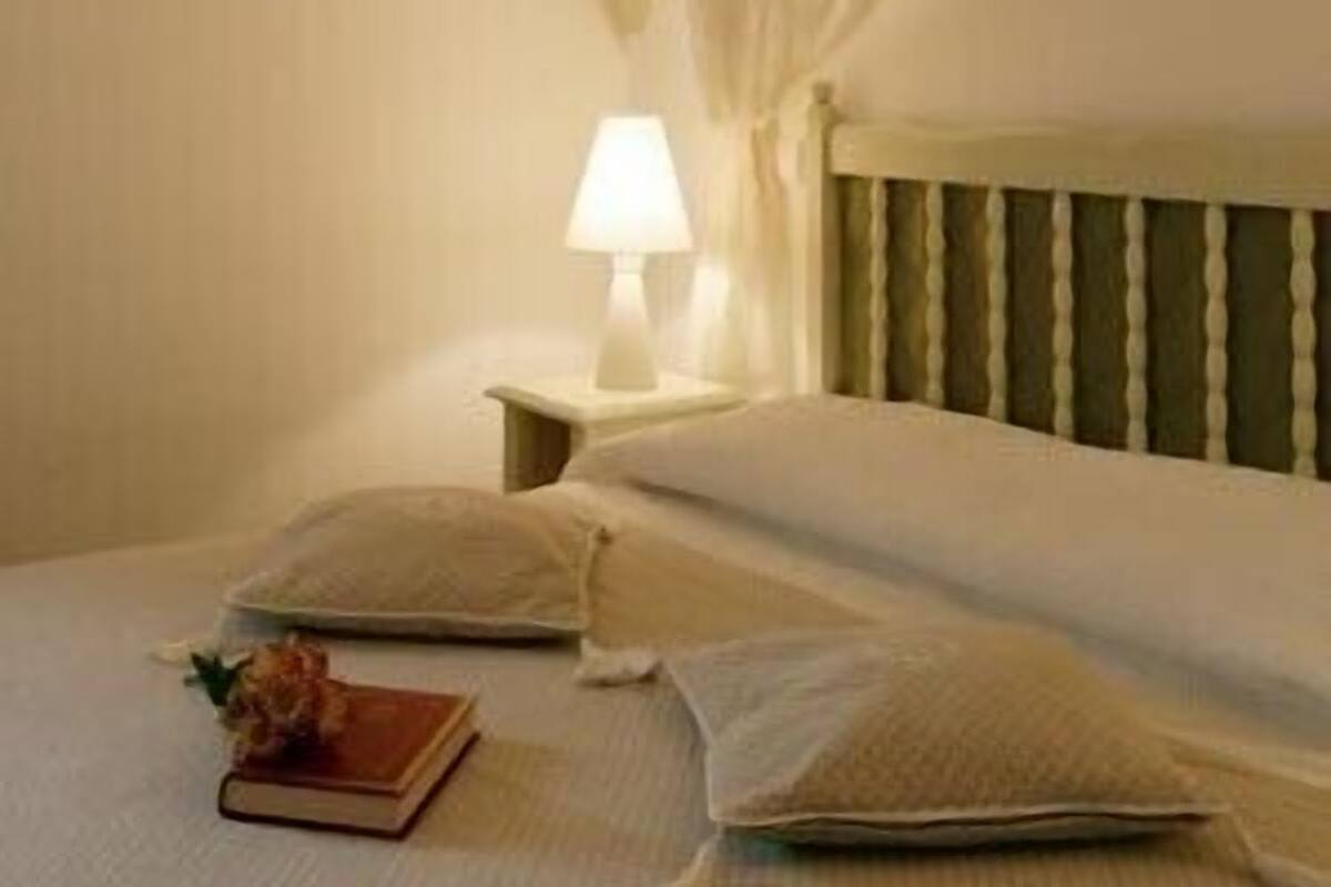 A bedroom with a bed, a bedside table with a lamp, and a canopy.
