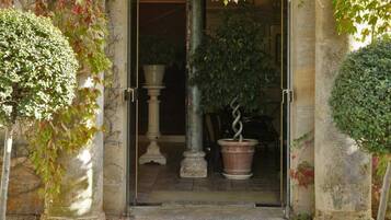 A stone entrance with a door, flanked by two columns and potted plants.