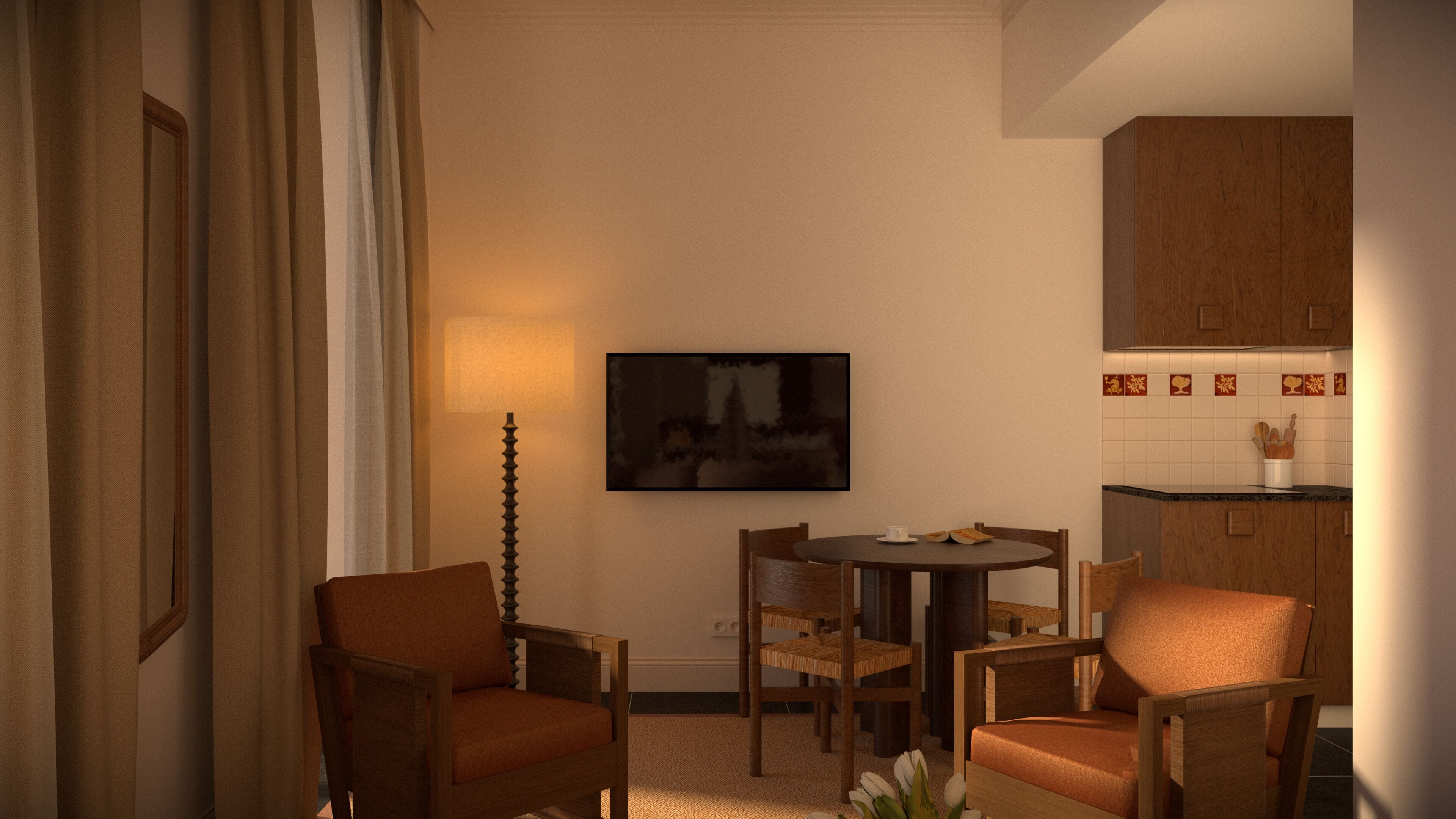 Flat-screen TV, DVD player, iPod dock