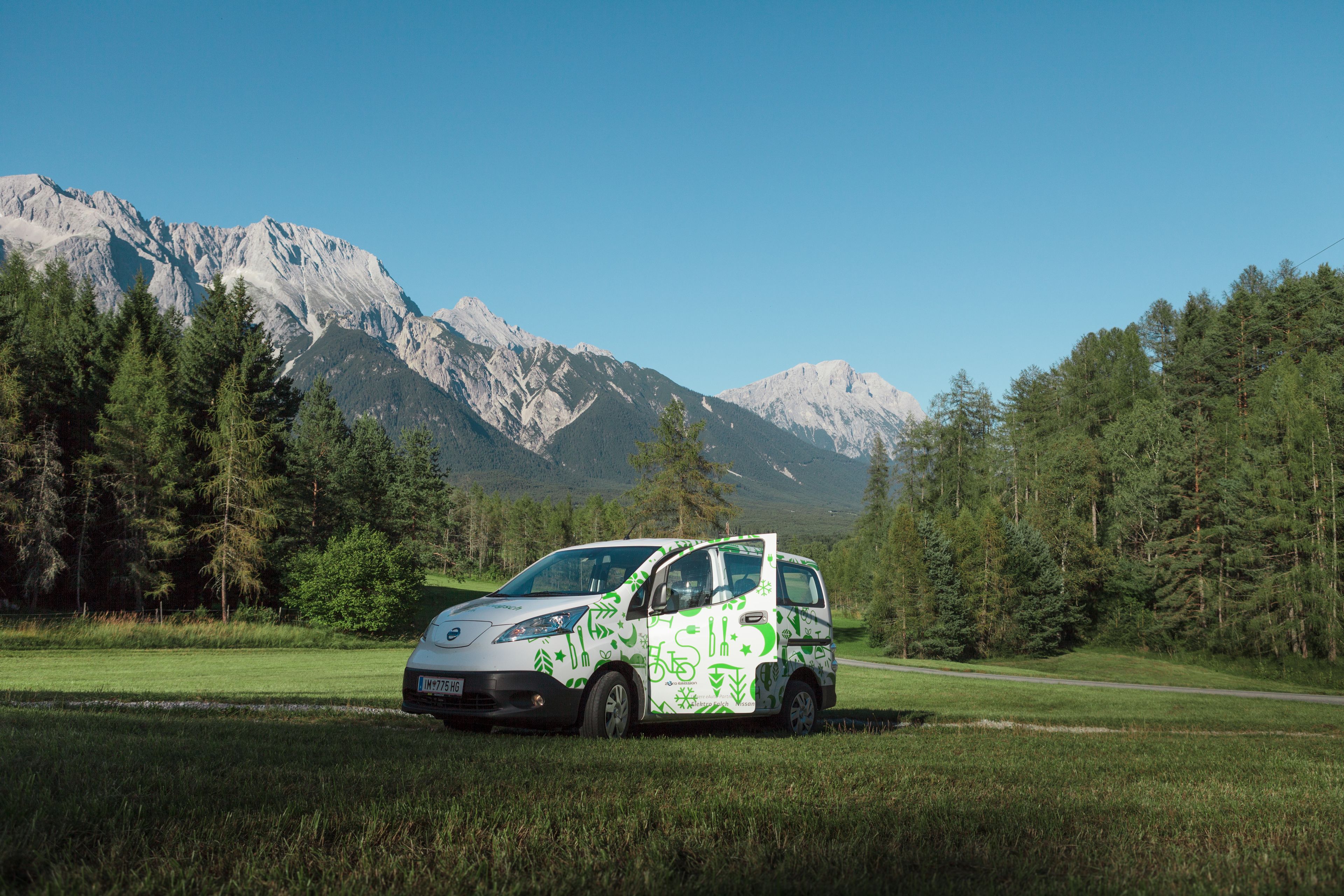 A white car with green patterns parked in a grassy field with mountains in the background.