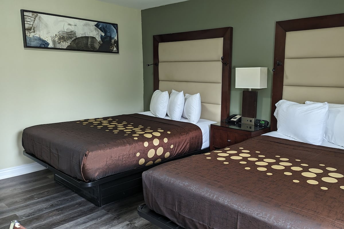 A hotel room with two beds, each with a brown bedspread featuring circular patterns. There is a nightstand with a lamp and a clock between the beds.