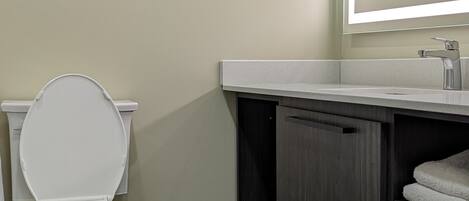 A bathroom with a toilet, sink, and mirror.