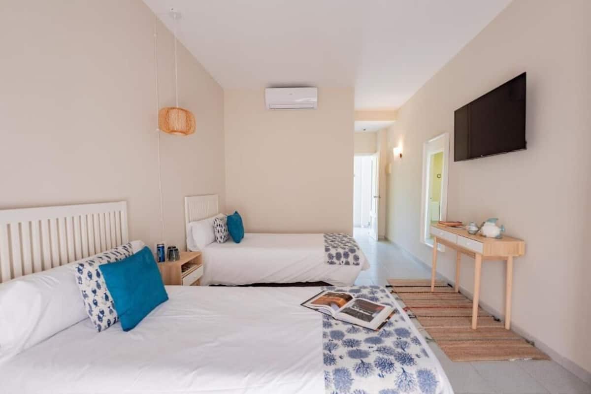 Une chambre d’hôtel avec deux lits, une télévision, un bureau et une fenêtre.