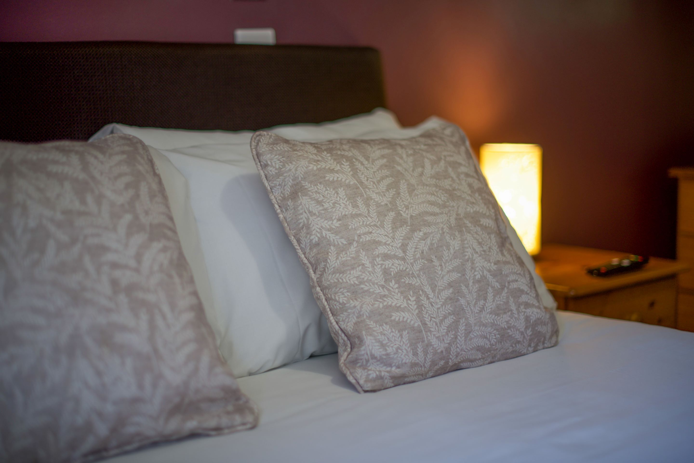 A bed with patterned pillows and a bedside lamp.