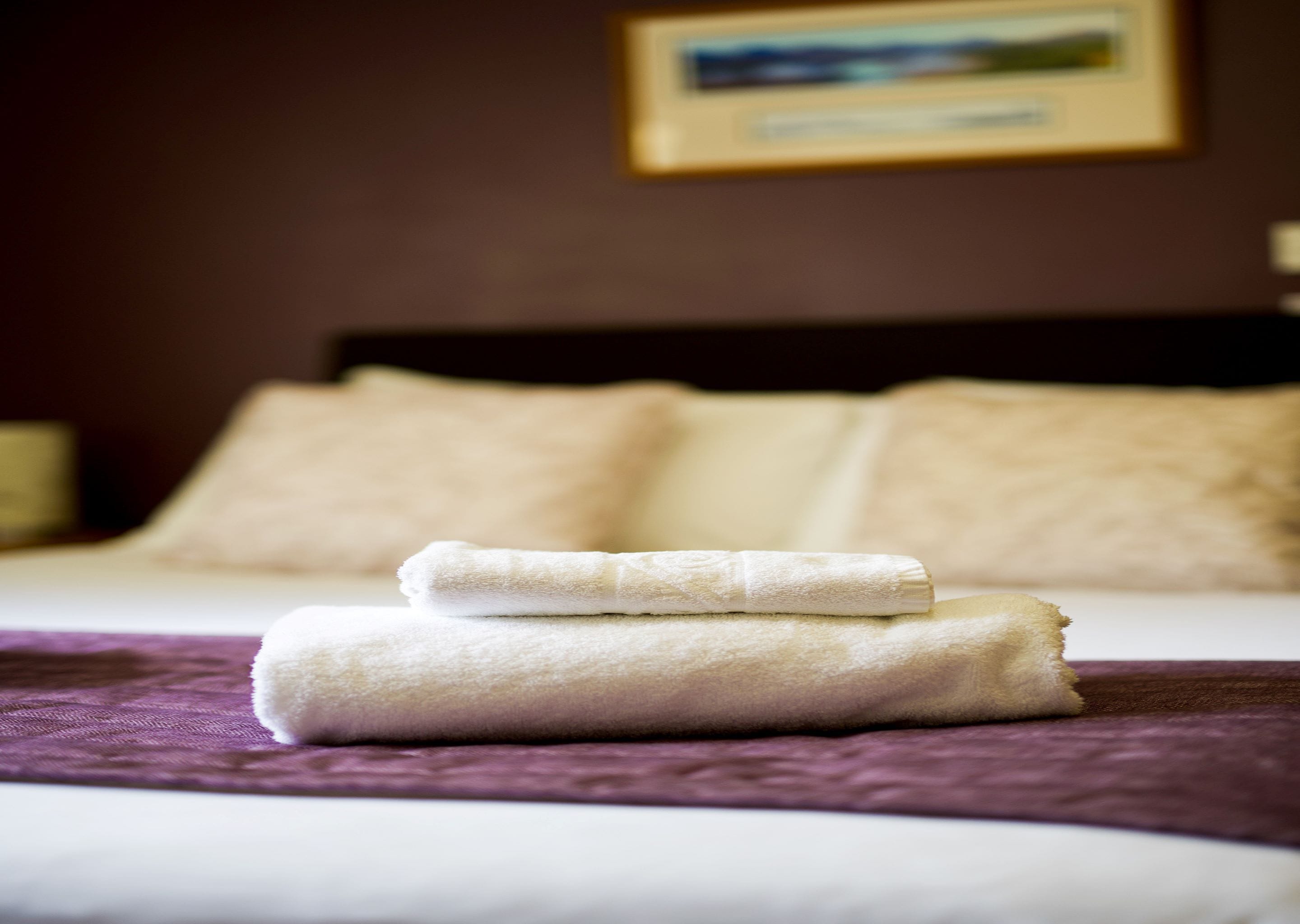 A neatly made bed with white linens and a purple bedspread, a framed picture on the wall, and a dark headboard.