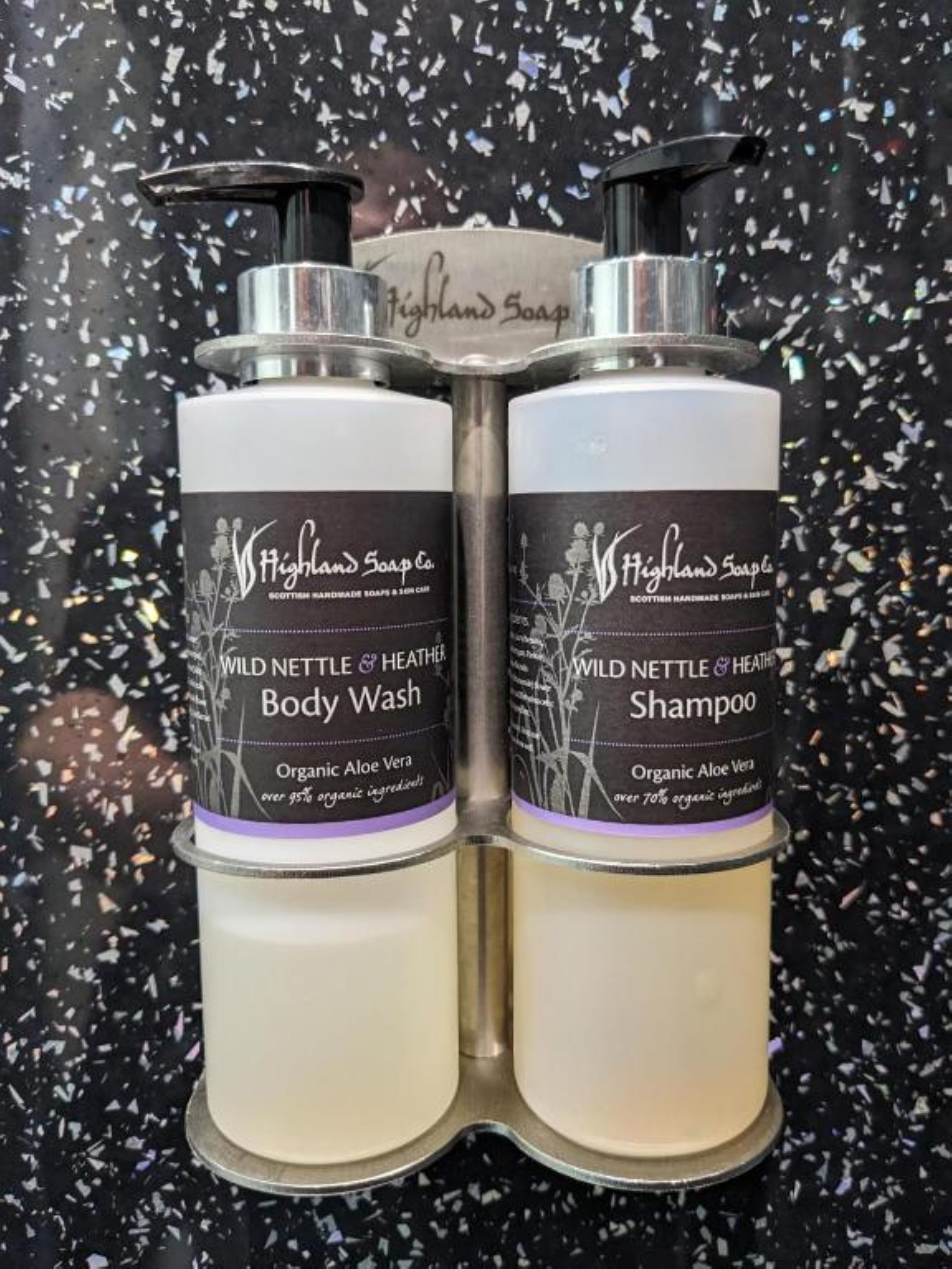 Two bottles of Wild Nettle & Heather Body Wash and Shampoo by Highland Soap Co.