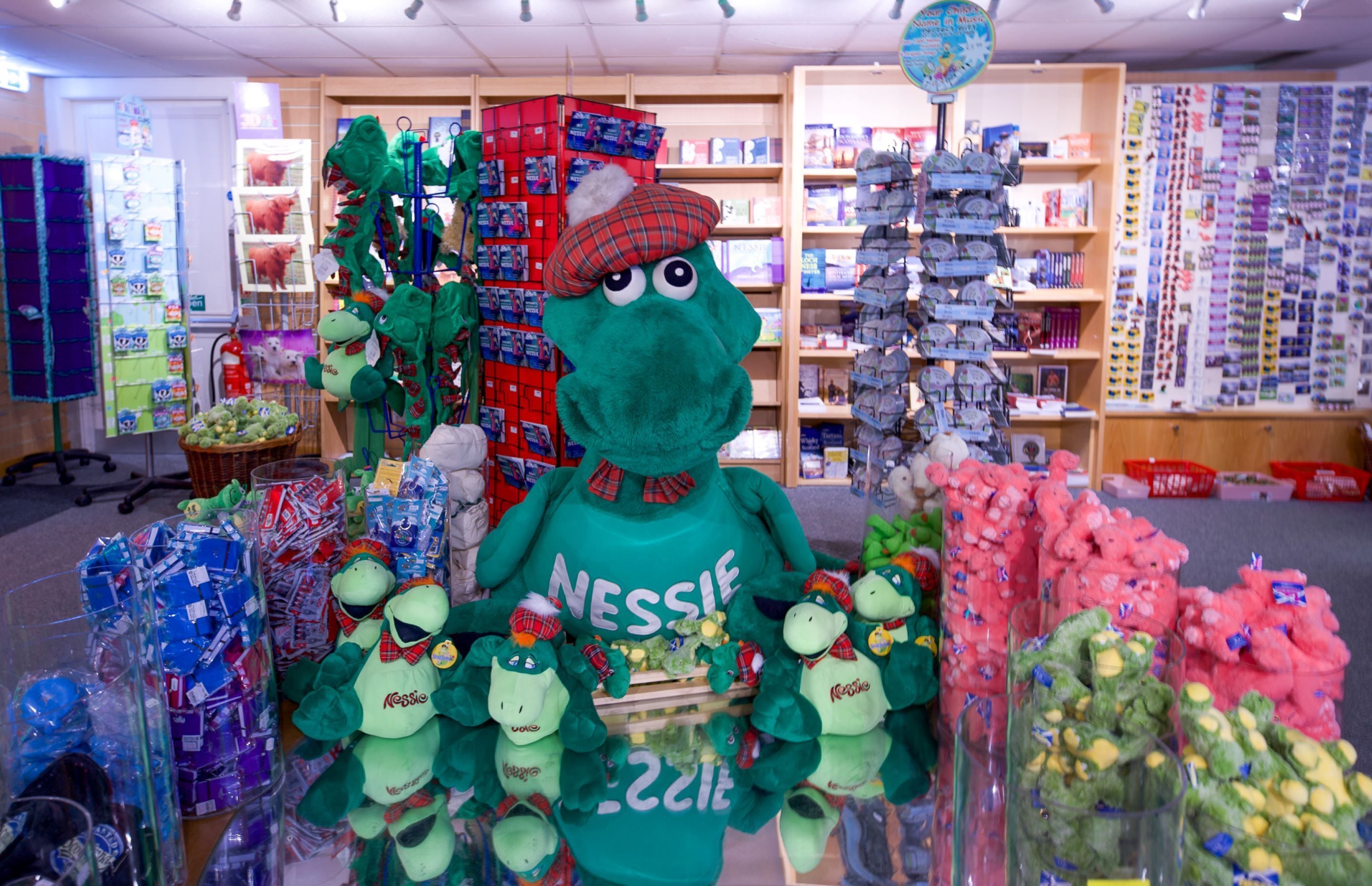 Una tienda con estantes llenos de diversos productos y una figura grande de mascota.
