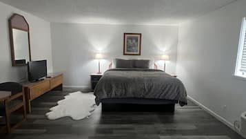 A bedroom with a bed, two bedside lamps, a television on a wooden stand, a large white rug, and a framed picture on the wall.