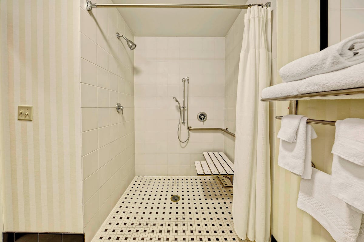 standard room, 1 king bed (mobility accessible, roll-in shower) | bathroom | combined shower/bathtub, designer toiletries, hair dryer, towels
