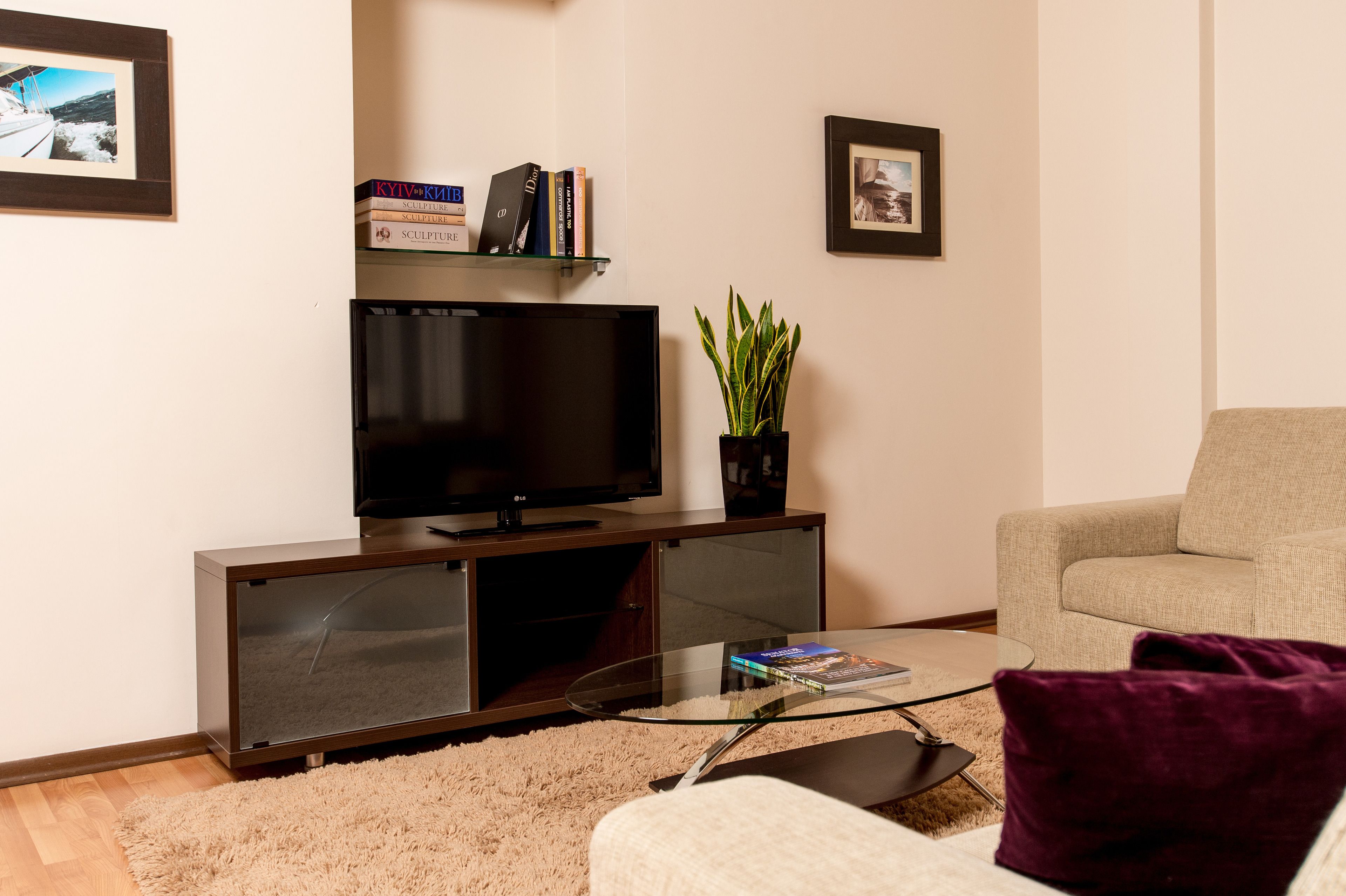 En stue med et fladskærms TV, en reol, en potteplante og en beige sofa.