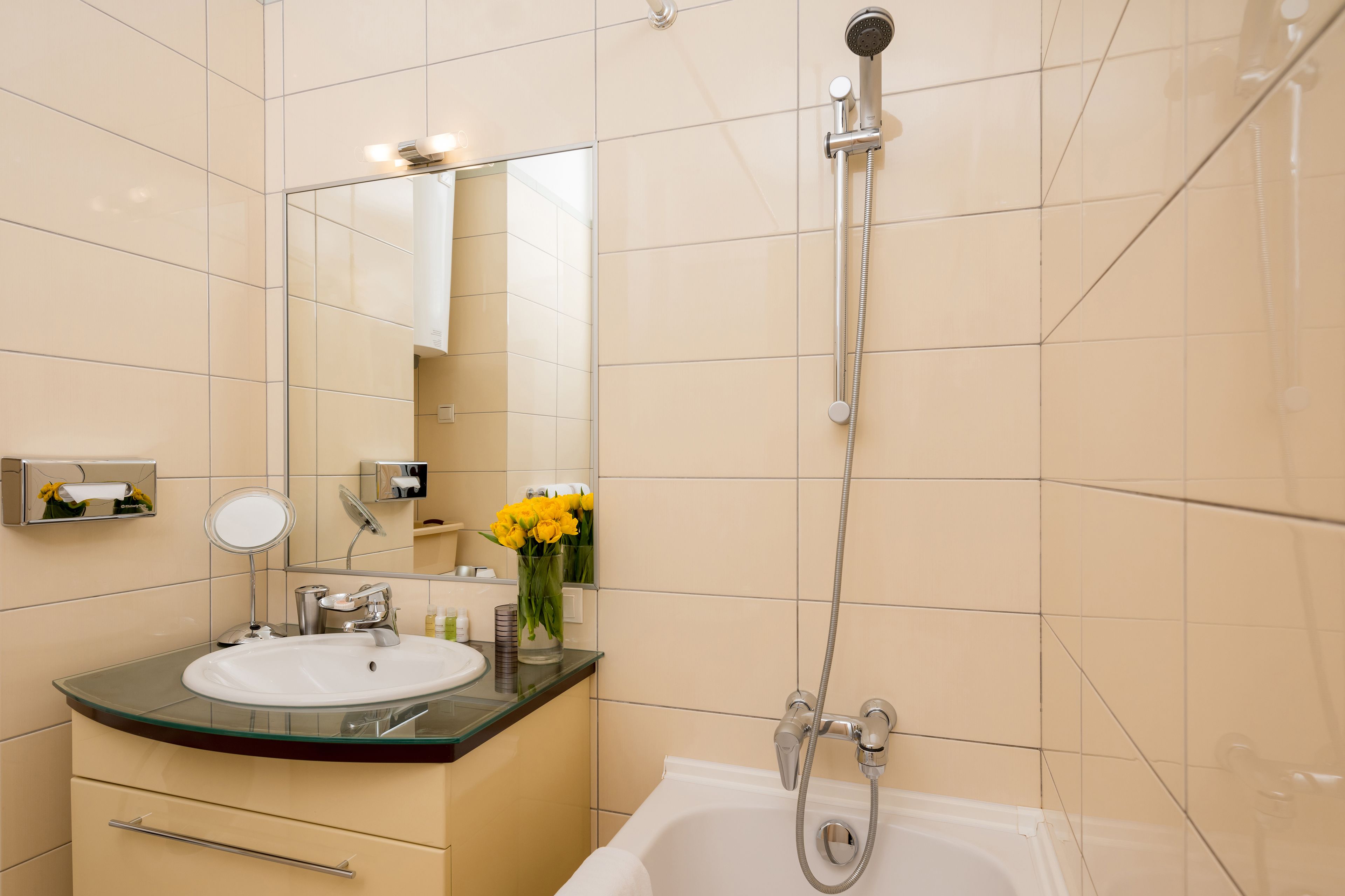Une salle de bain moderne avec un lavabo surmonté d’une plaque de verre, un grand miroir, une douchette à main et une baignoire.