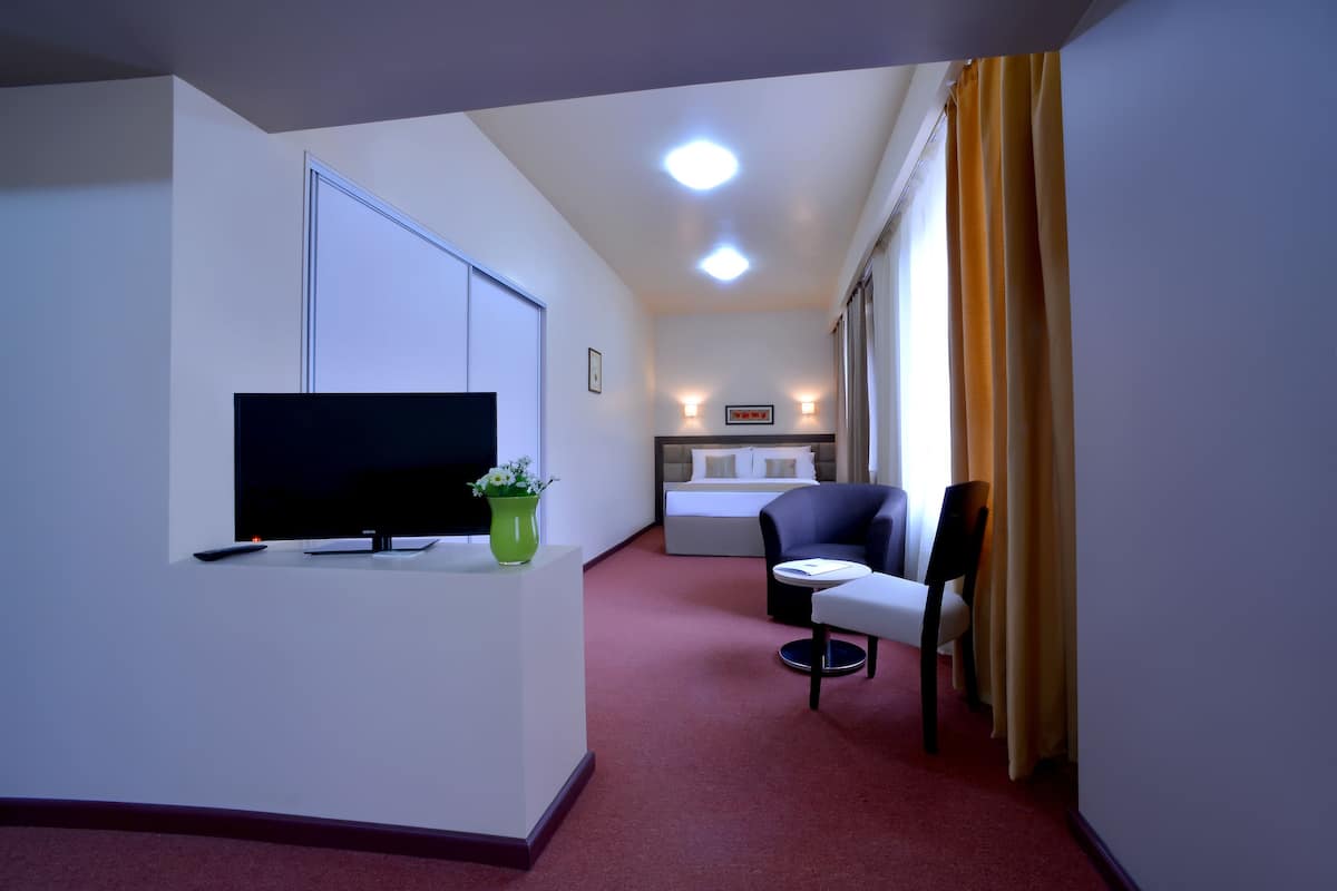 A hotel room with a flat-screen TV, a bedside table with a vase, a bed with white bedding, a chair, and a small table.