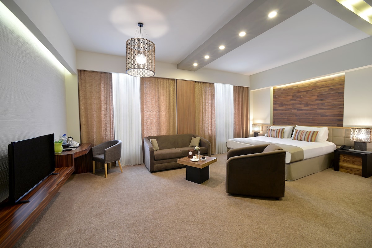A modern hotel room with a flat-screen TV, a sofa, a bed, a desk, and a large window with curtains.