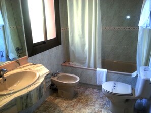 Combined shower/bathtub, free toiletries, bidet, towels