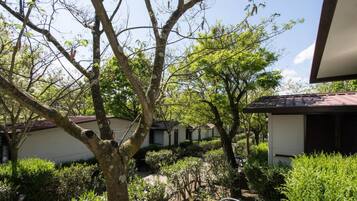 A residential area with multiple houses, surrounded by lush greenery and trees.