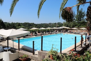 Seasonal outdoor pool, pool umbrellas, pool loungers