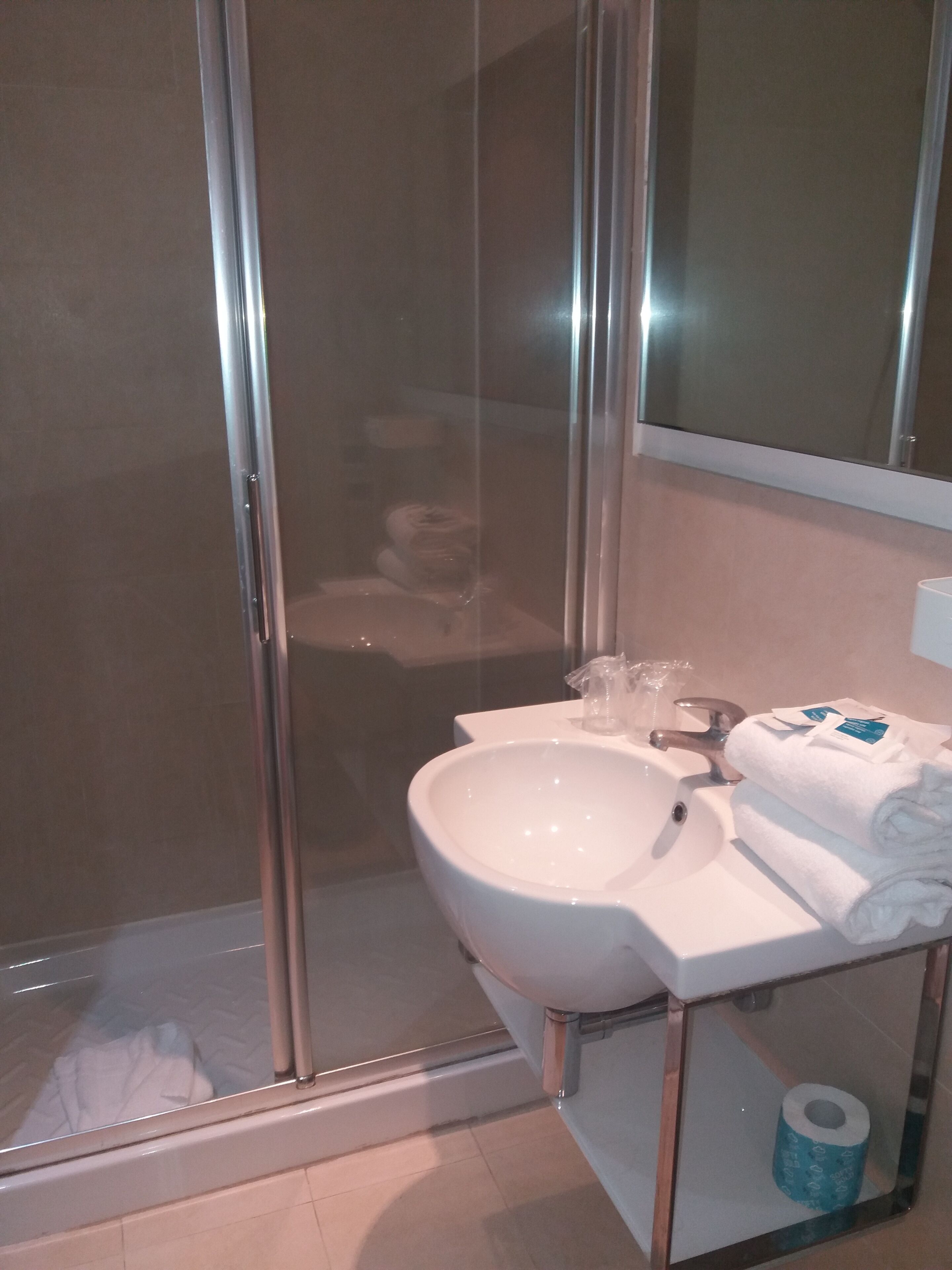 Un bagno con box doccia in vetro, un lavandino bianco con uno specchio sopra e un water con un rotolo di carta igienica accanto.