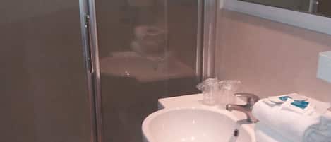 A bathroom with a glass shower enclosure, a white sink with a mirror above it, and a toilet with a roll of toilet paper beside it.