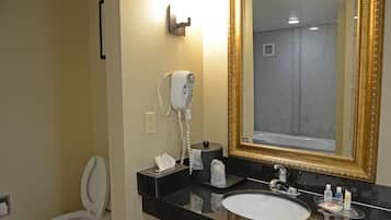 Un baño con inodoro blanco, lavamanos con encimera negra, espejo con marco dorado y un secador de pelo montado en la pared.