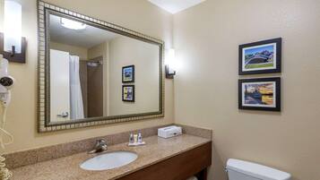 A bathroom with a large mirror, a sink, a toilet, and two framed pictures on the wall.