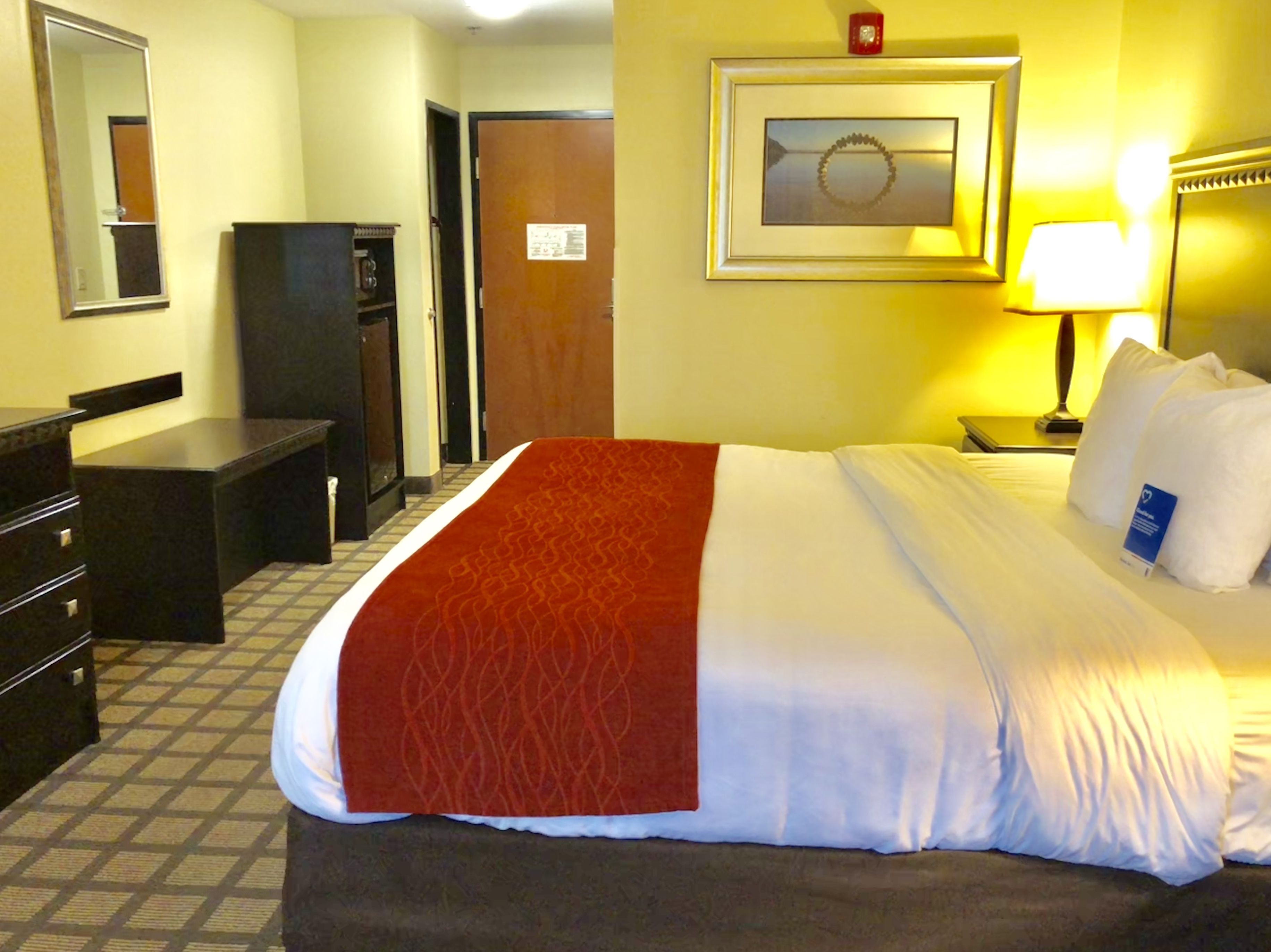 A hotel room with a bed, a desk, a dresser, a mirror, a door, and a framed picture on the wall.