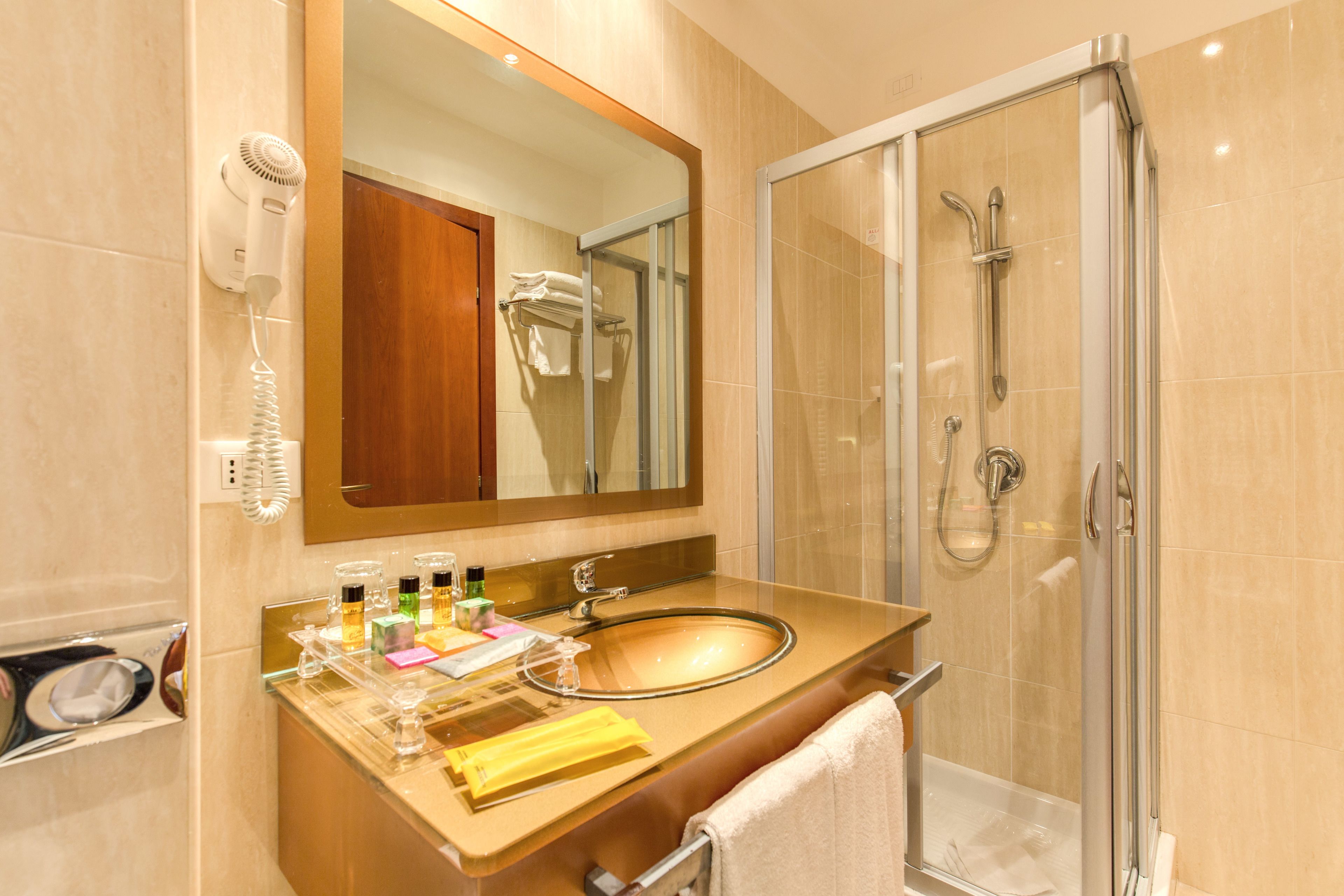 free toiletries, hair dryer, bidet, towels