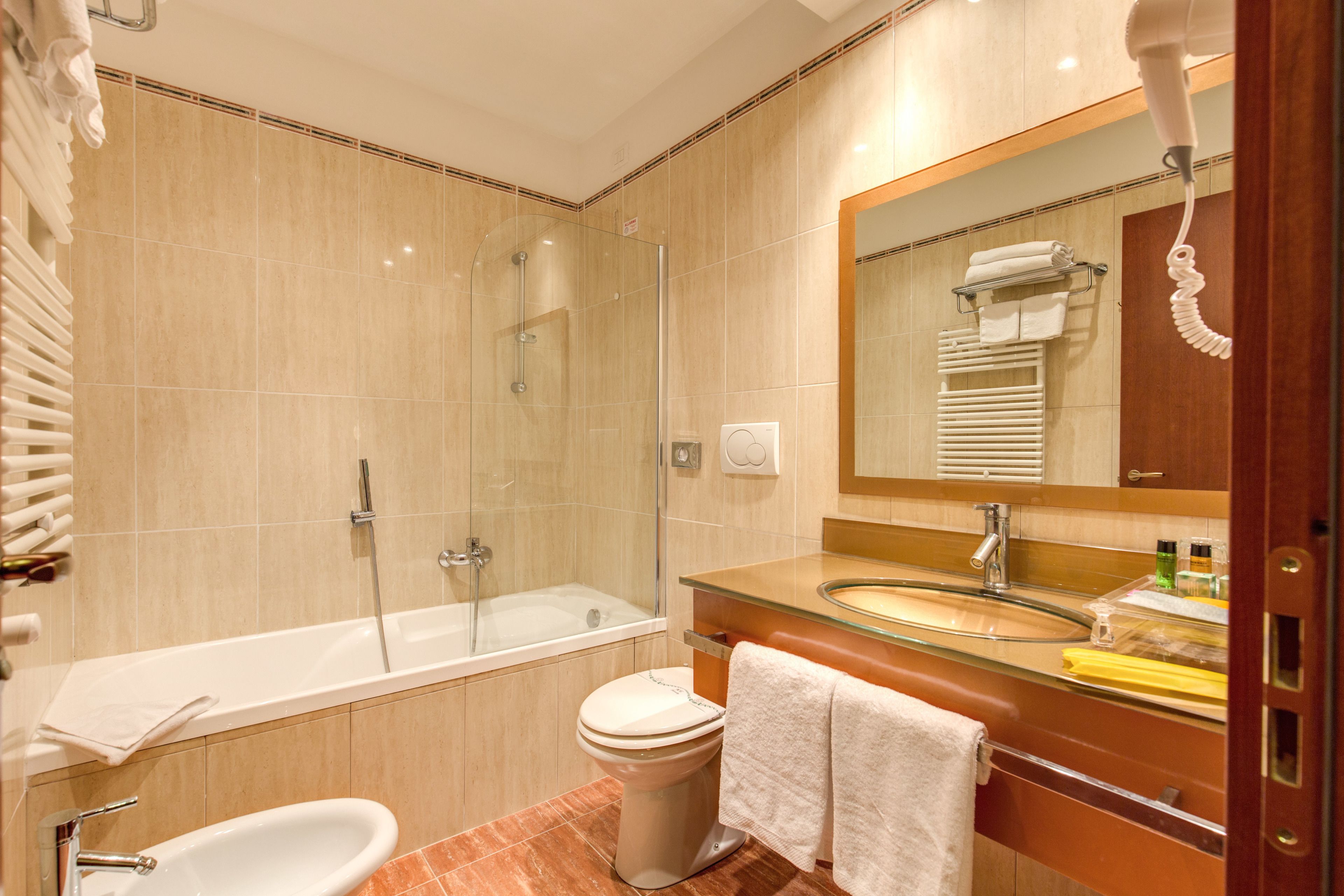 free toiletries, hair dryer, bidet, towels