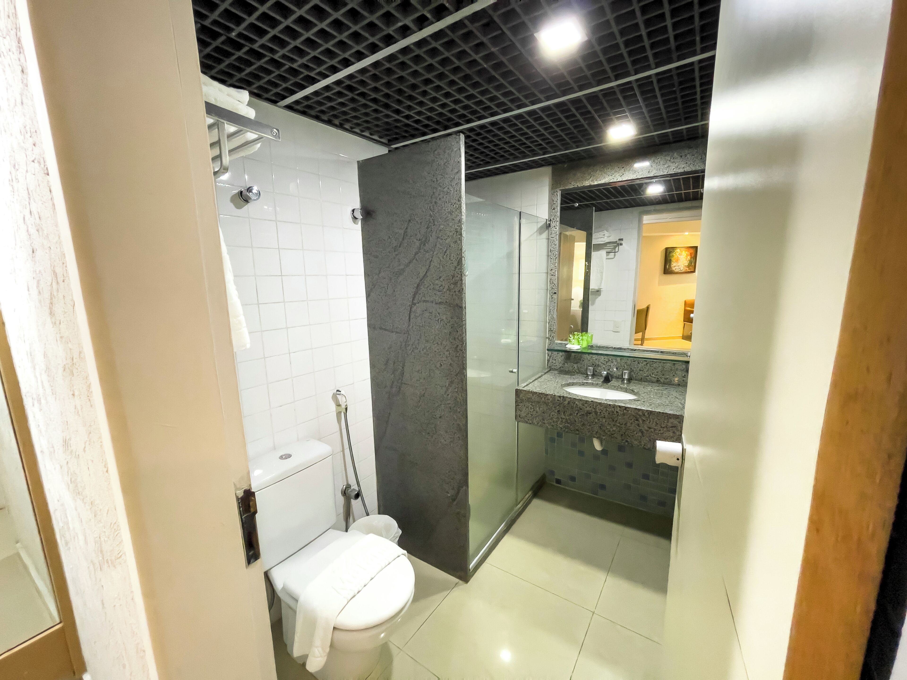 A modern bathroom with a glass shower enclosure, a white toilet, and a granite countertop sink.