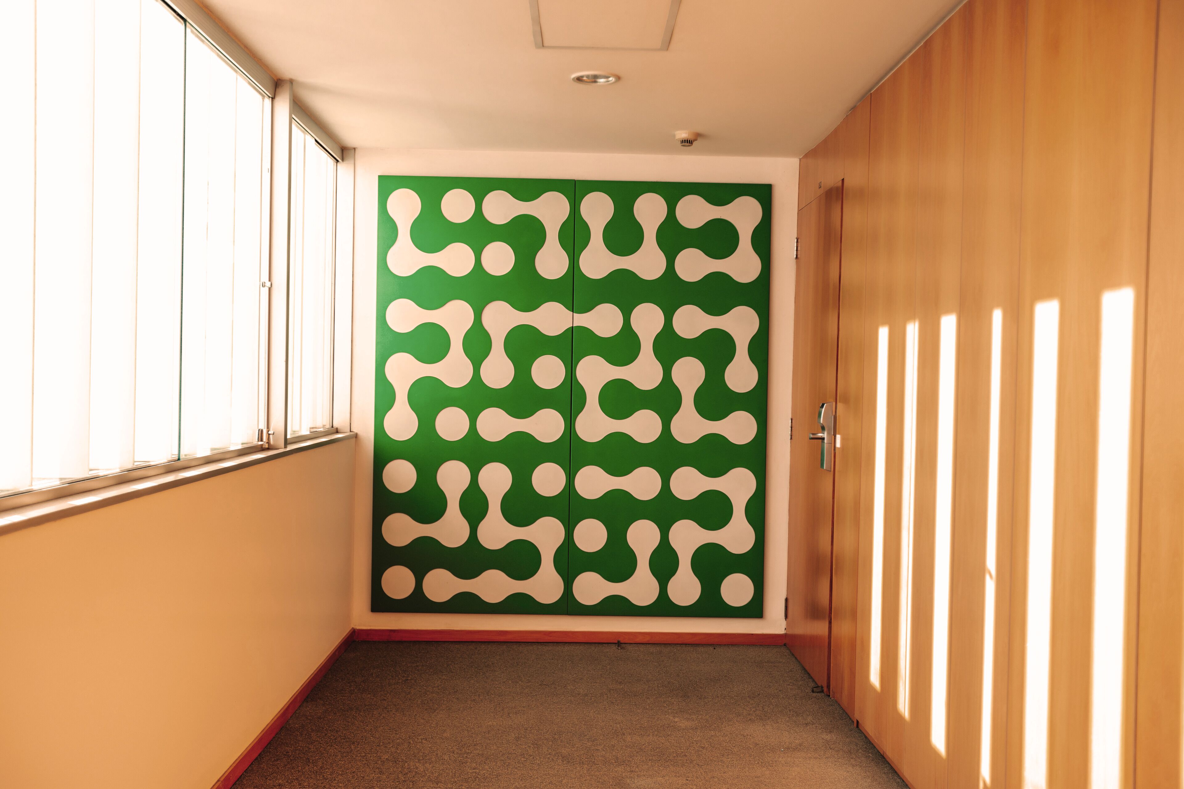 A hallway with a green patterned wall, wooden doors, and a carpeted floor.