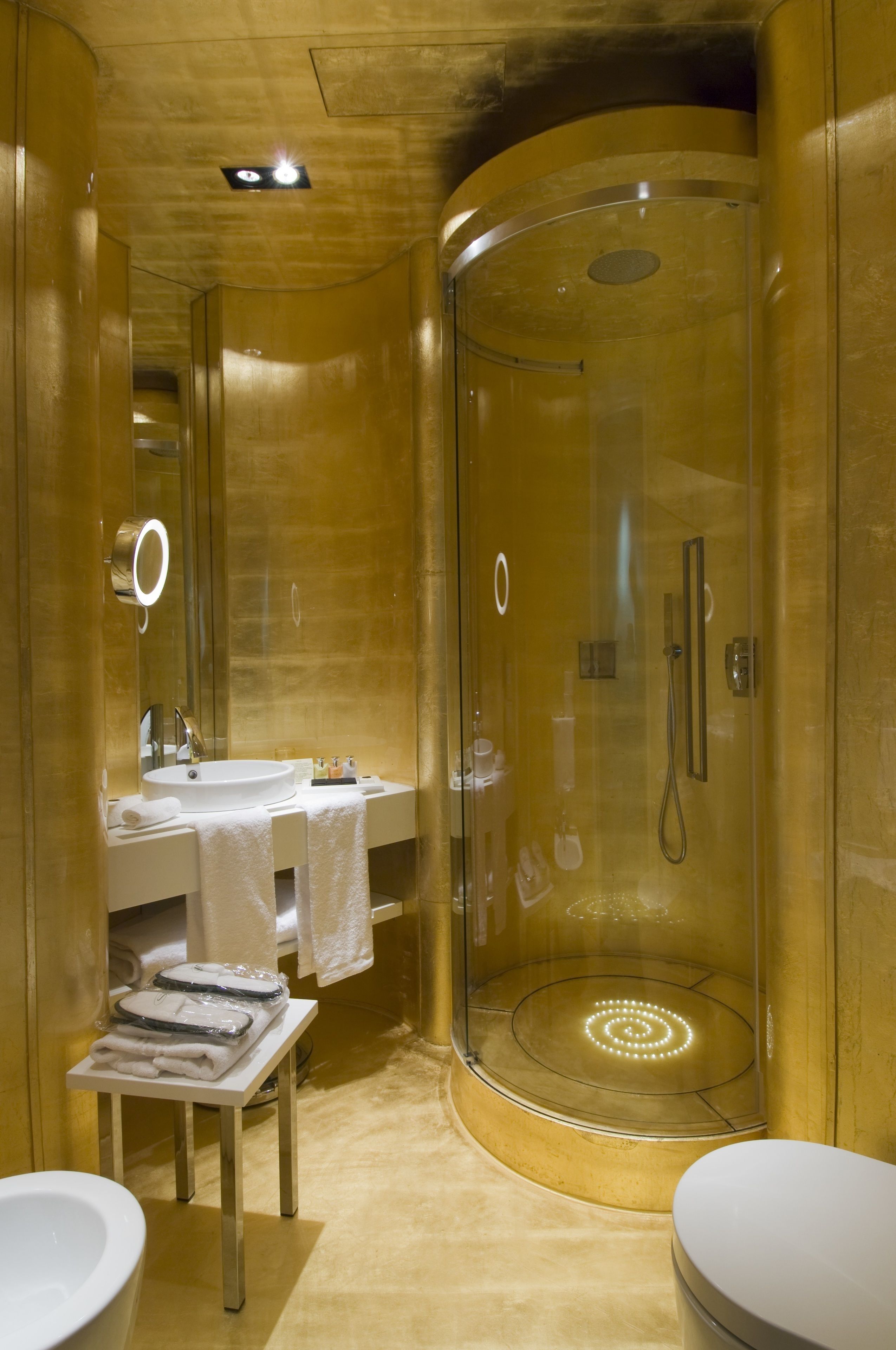 rainfall showerhead, hair dryer, bathrobes, slippers