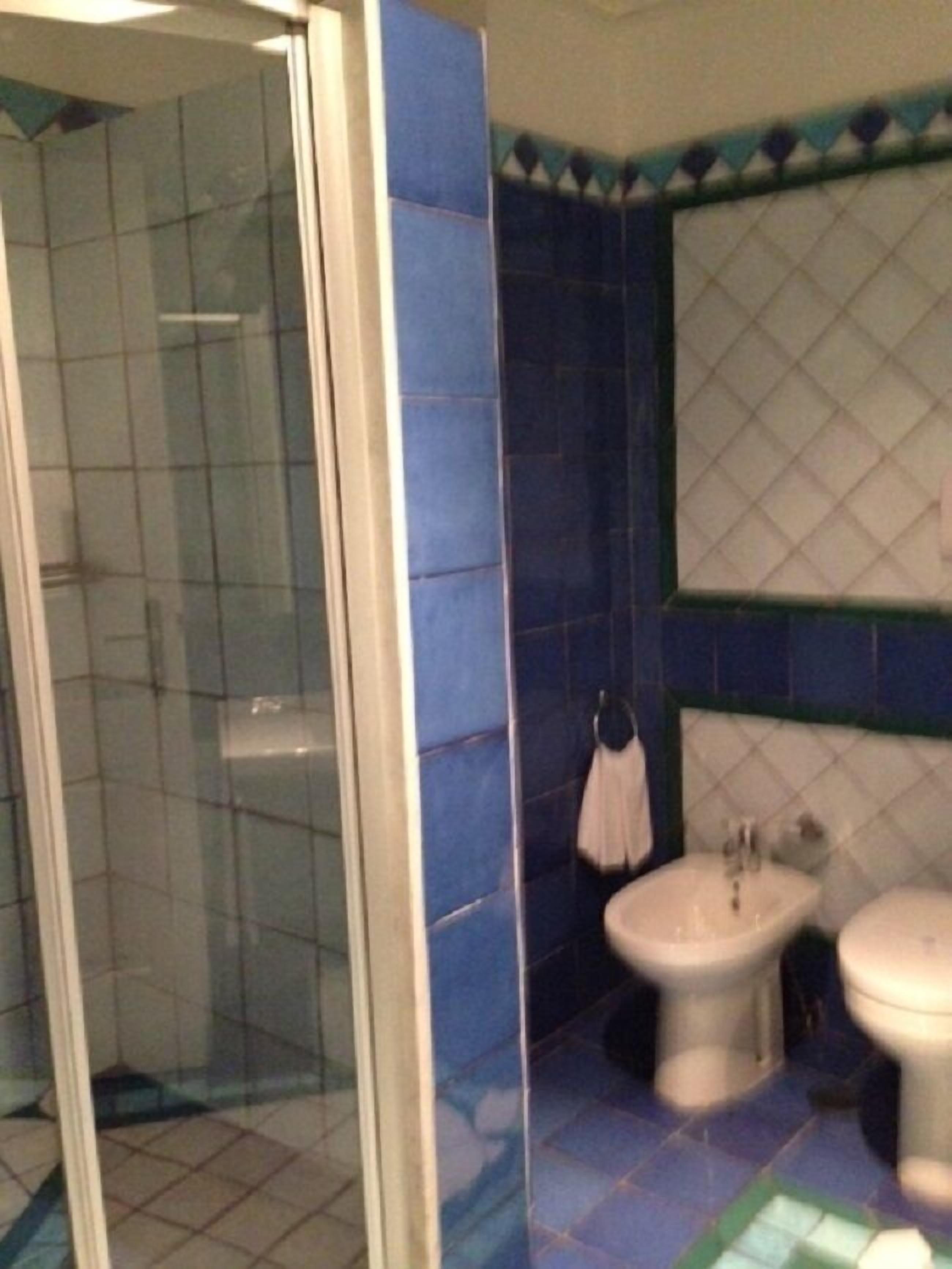 Casa de banho com azulejos azuis, cabine de chuveiro em vidro, duas sanitas e um bidé.