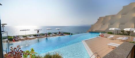 Una piscina al aire libre, sombrillas, tumbonas