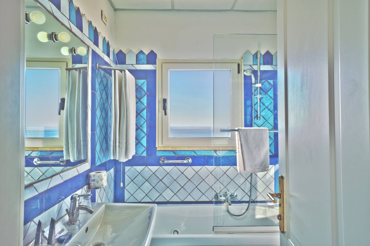 rainfall showerhead, hair dryer, slippers, bidet