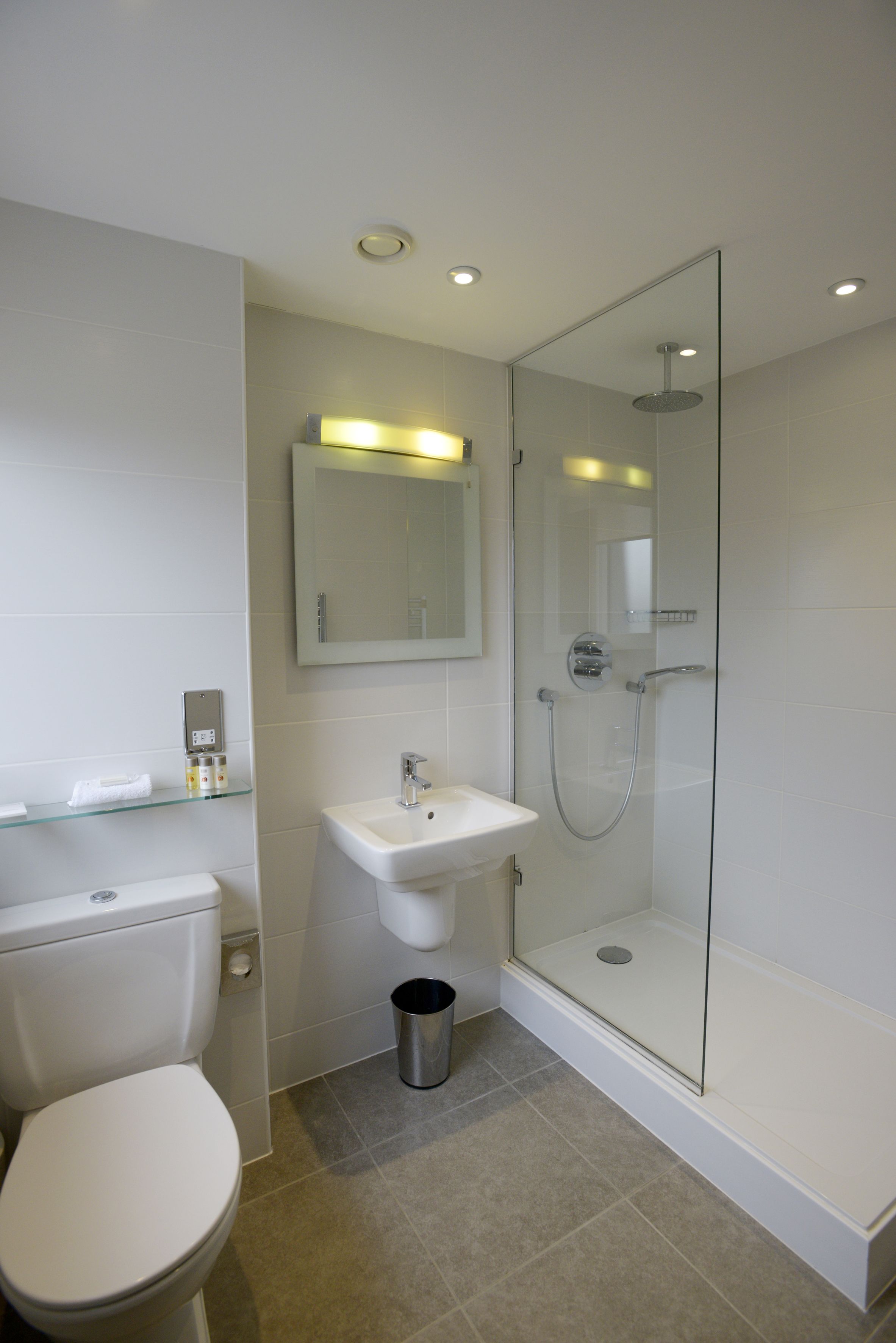 Un baño moderno con inodoro, lavamanos y ducha envuelta en vidrio.