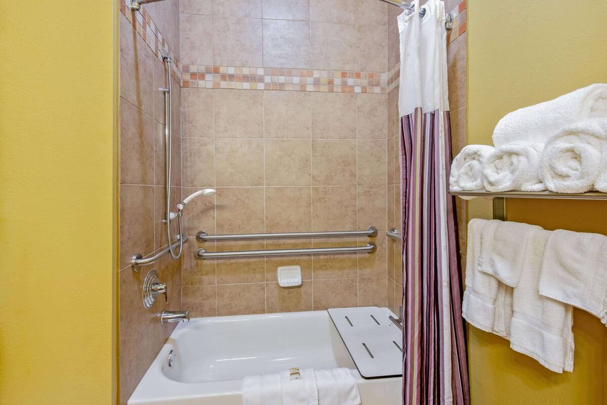 combined shower/bathtub, free toiletries, hair dryer, towels