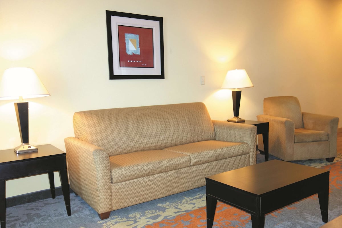 Una sala de estar con sofá, sillón, mesa de centro, dos mesitas auxiliares y un cuadro en la pared.