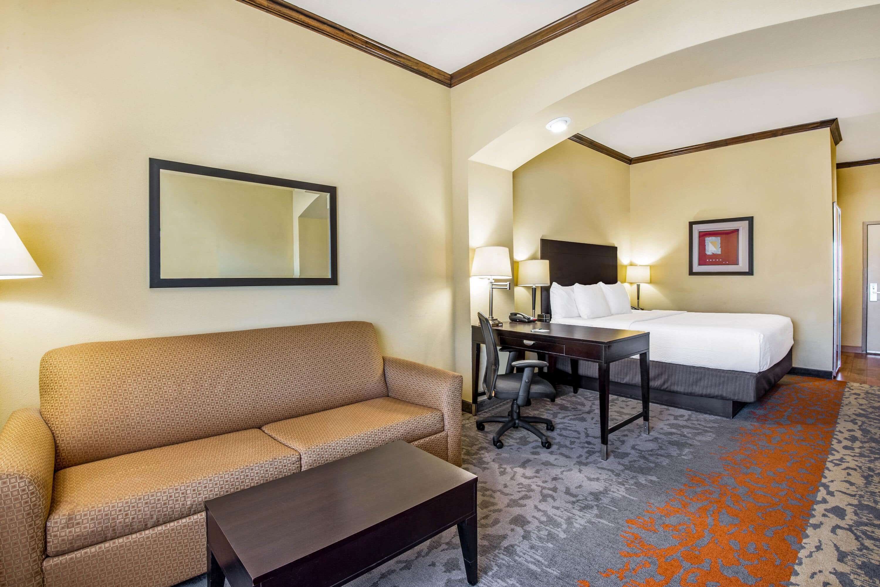 Une chambre d’hôtel équipée d’un canapé, d’un bureau, d’une chaise, d’un lit et d’un tapis à motifs.