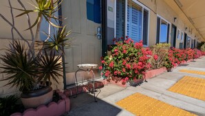 A row of hotel rooms with blue shutters, potted plants, and a yellow tactile paving path. - Deluxe Inn (South San Francisco)