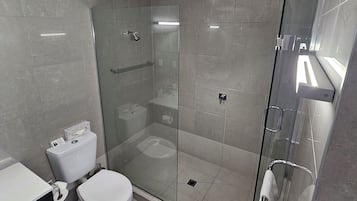 A modern bathroom with a glass-enclosed shower, a toilet, and a sink.