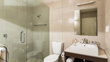 A modern bathroom with a glass-enclosed shower, a white toilet, and a sink with a mirror above it.