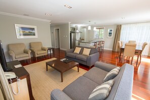 LCD TV, fireplace, DVD player