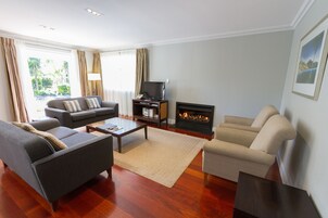 LCD TV, fireplace, DVD player