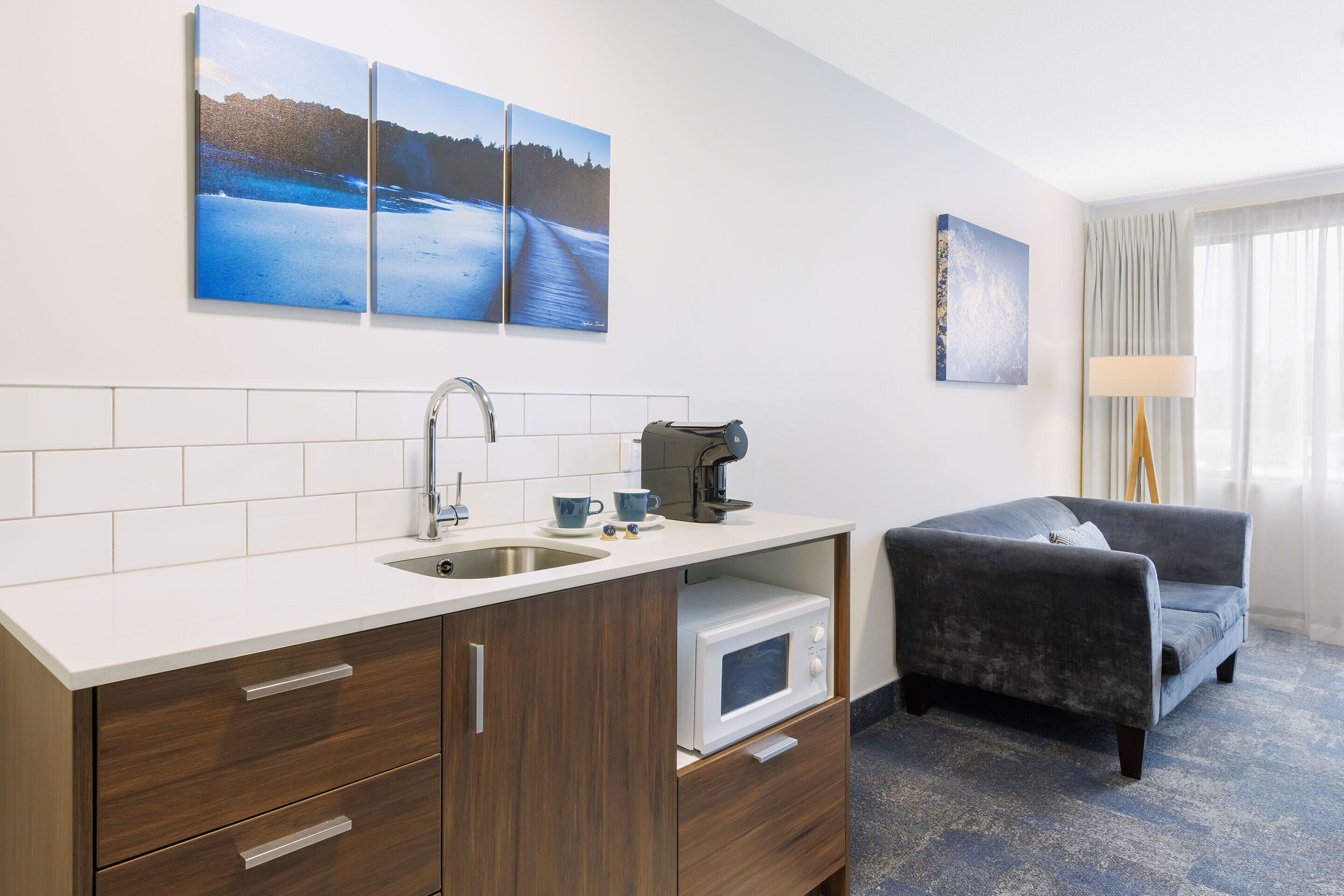 fridge, espresso maker, coffee/tea maker, electric kettle