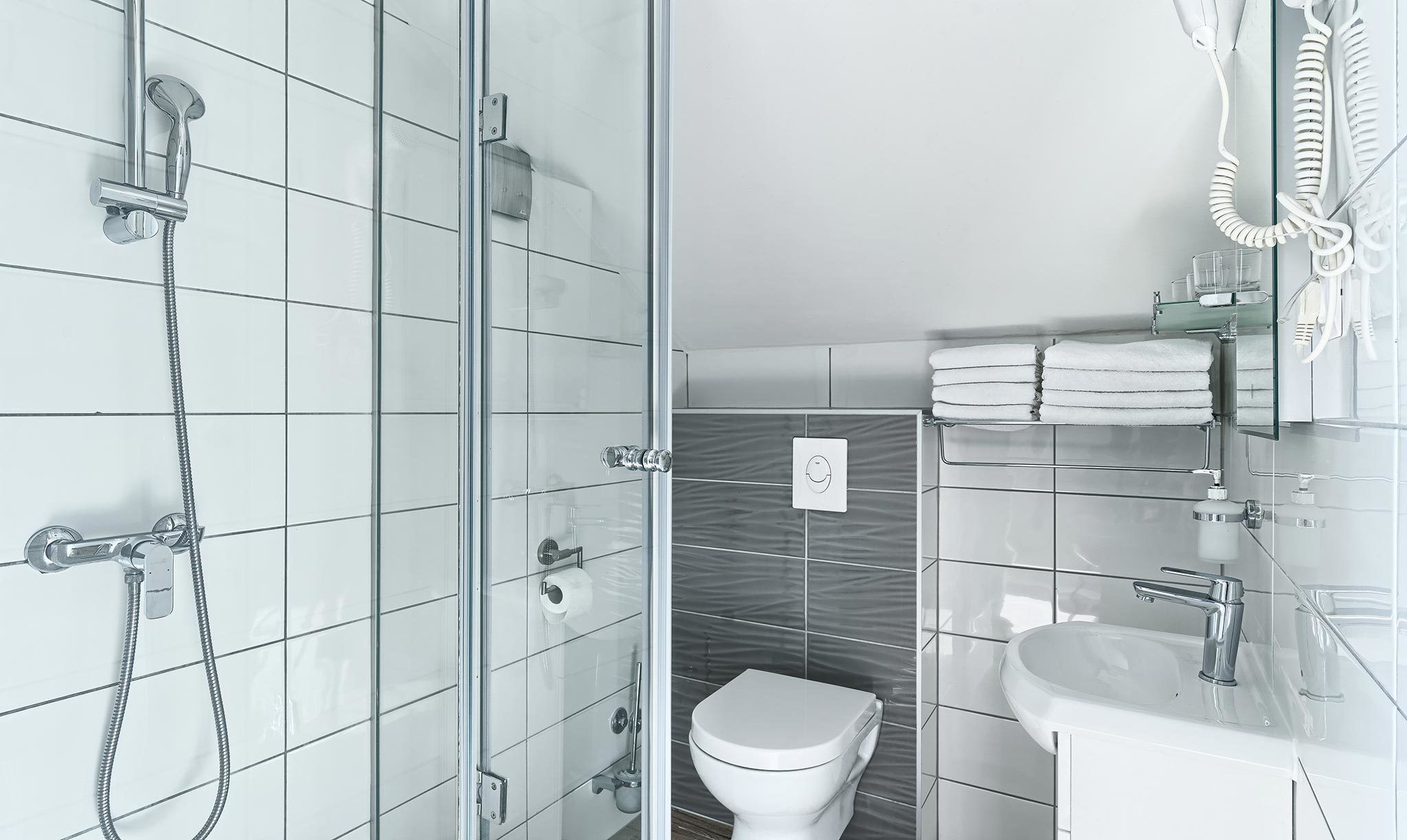 A modern bathroom with a glass-enclosed shower, a toilet, and a sink.