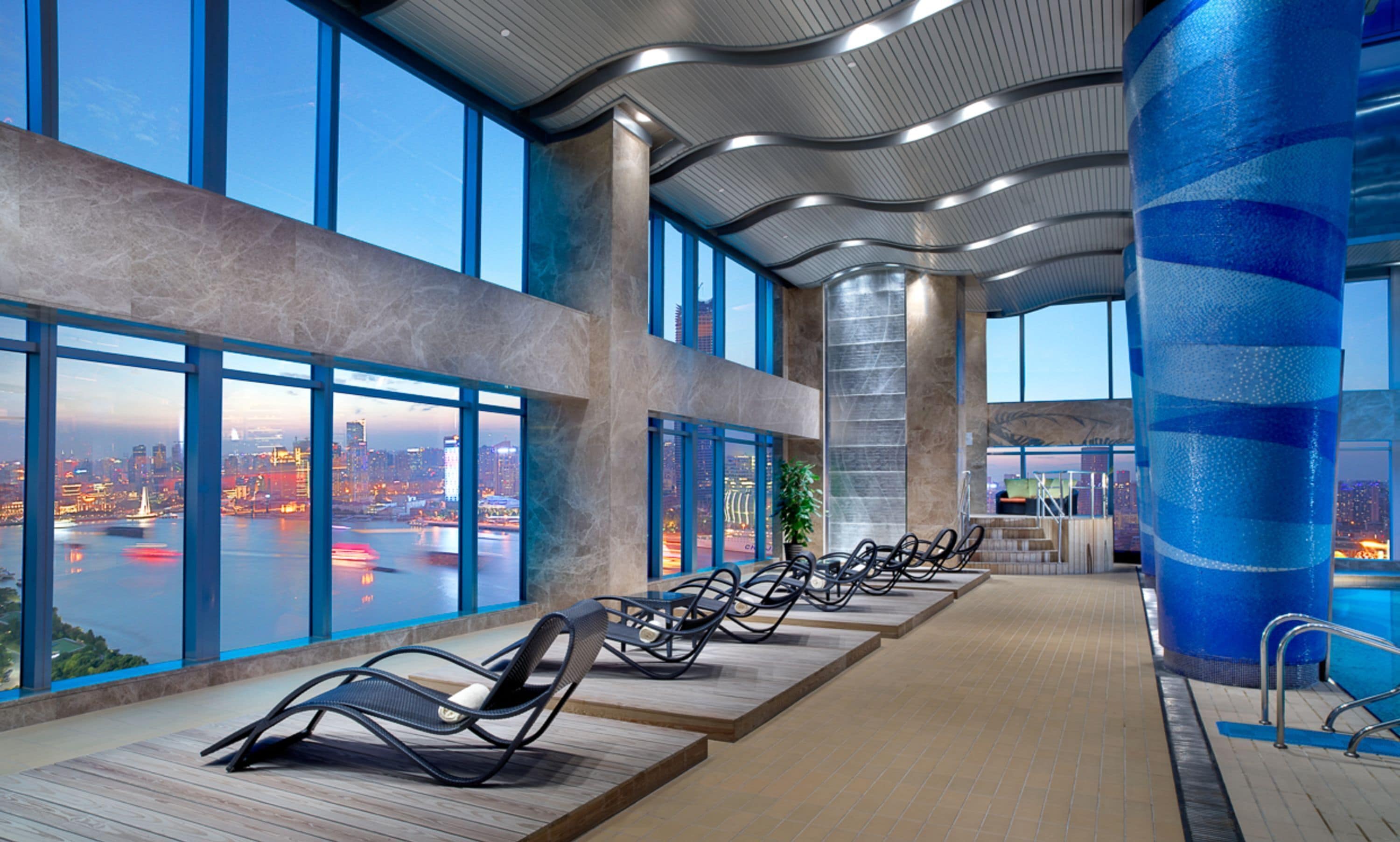 indoor pool, pool loungers
