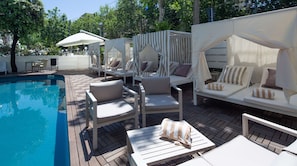 Outdoor pool, pool umbrellas, pool loungers