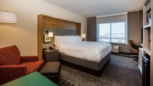 Habitación de hotel con una cama grande, un escritorio, una silla, un sofá y vista a la ciudad desde la ventana.