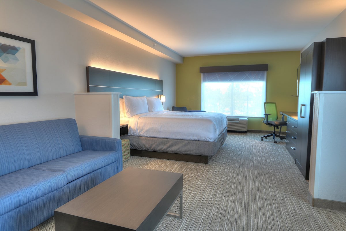 Une chambre d’hôtel avec un lit, un canapé, un bureau et une chaise.